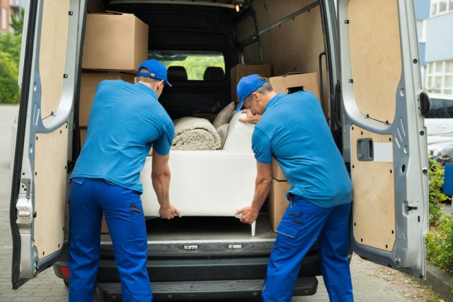 42544874 - two male workers in blue uniform adjusting sofa in truck